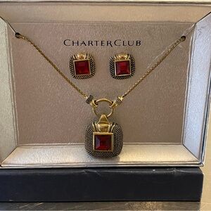 Charter Club Silver-Tone Crystal and Stone Lariat Necklace & Stud Earrings Set
